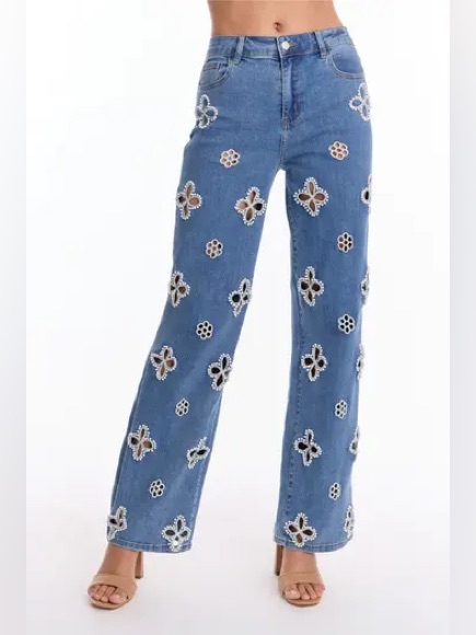 The Noli Shop Kaia Pearl High Rise Jeans Blue Wash Floral Embroidery Pearl Sz 26